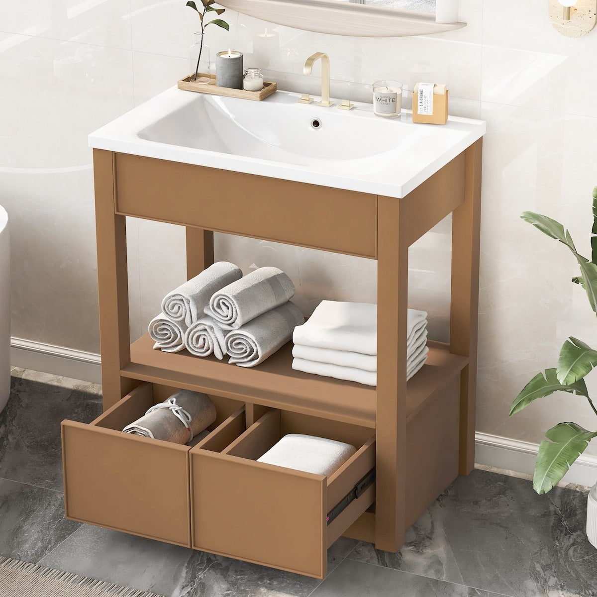 30" Bathroom Vanity with Sink Top, Bathroom Cabinet with Open Storage Shelf and 2 Drawers
