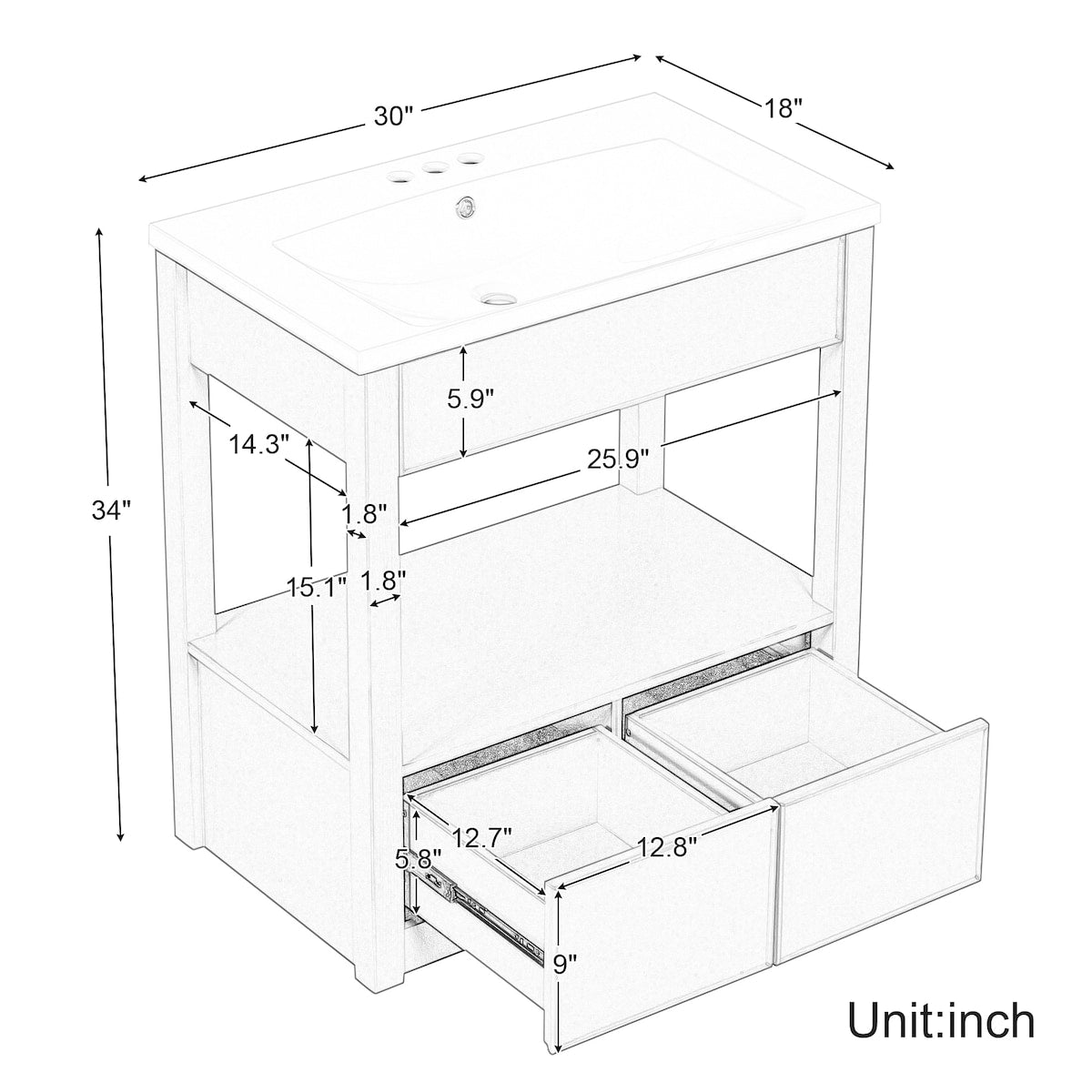 30" Bathroom Vanity with Sink Top, Bathroom Cabinet with Open Storage Shelf and 2 Drawers