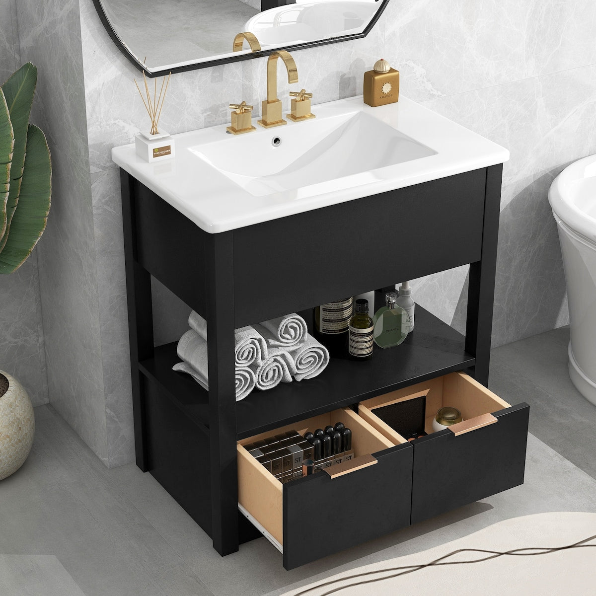 30" Bathroom Vanity with Sink Top, Bathroom Cabinet with Open Storage Shelf and 2 Drawers