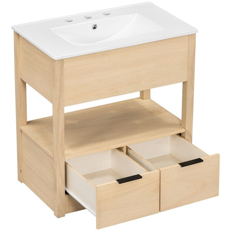 30" Bathroom Vanity with Sink Top, Bathroom Cabinet with Open Storage Shelf and Two No Handrails Drawers, Light Brown