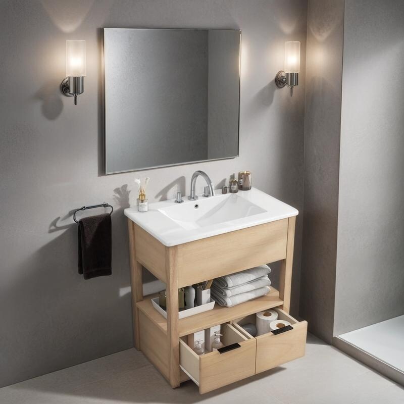 30" Bathroom Vanity with Sink Top, Bathroom Cabinet with Open Storage Shelf and Two No Handrails Drawers, Light Brown
