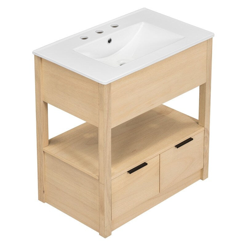 30" Bathroom Vanity with Sink Top, Bathroom Cabinet with Open Storage Shelf and Two No Handrails Drawers, Light Brown