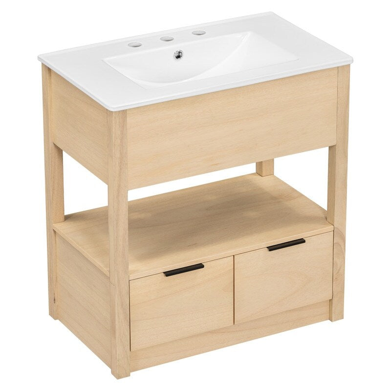 30" Bathroom Vanity with Sink Top, Bathroom Cabinet with Open Storage Shelf and Two No Handrails Drawers, Light Brown