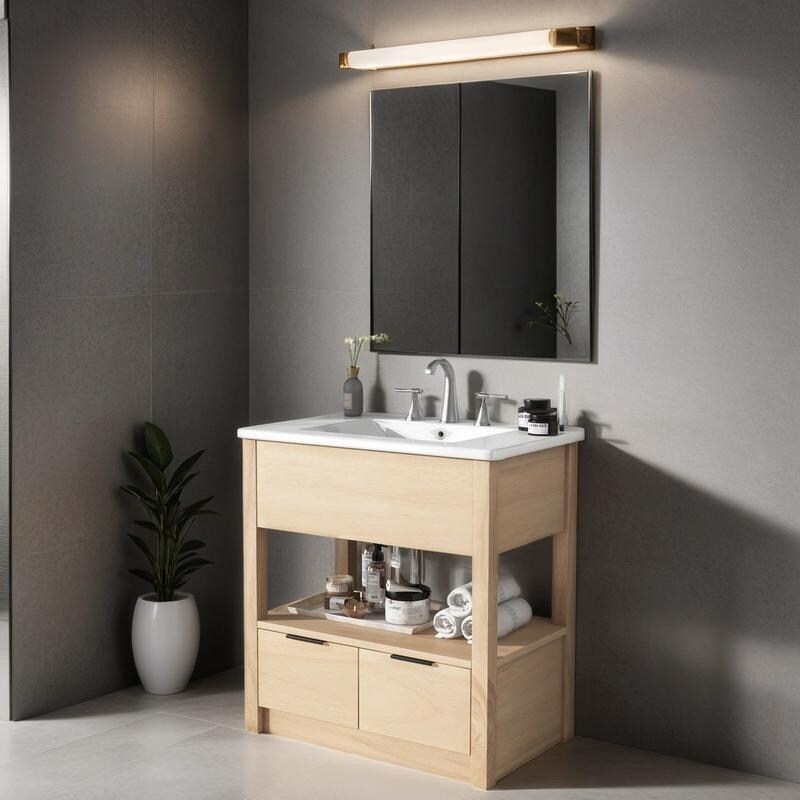 30" Bathroom Vanity with Sink Top, Bathroom Cabinet with Open Storage Shelf and Two No Handrails Drawers, Light Brown