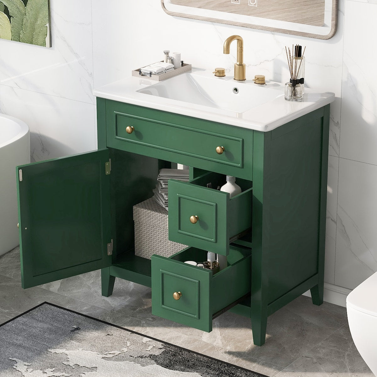 30" Bathroom Vanity with Sink Top, Bathroom Vanity Cabinet with Door and Two Drawers, Solid Wood Frame
