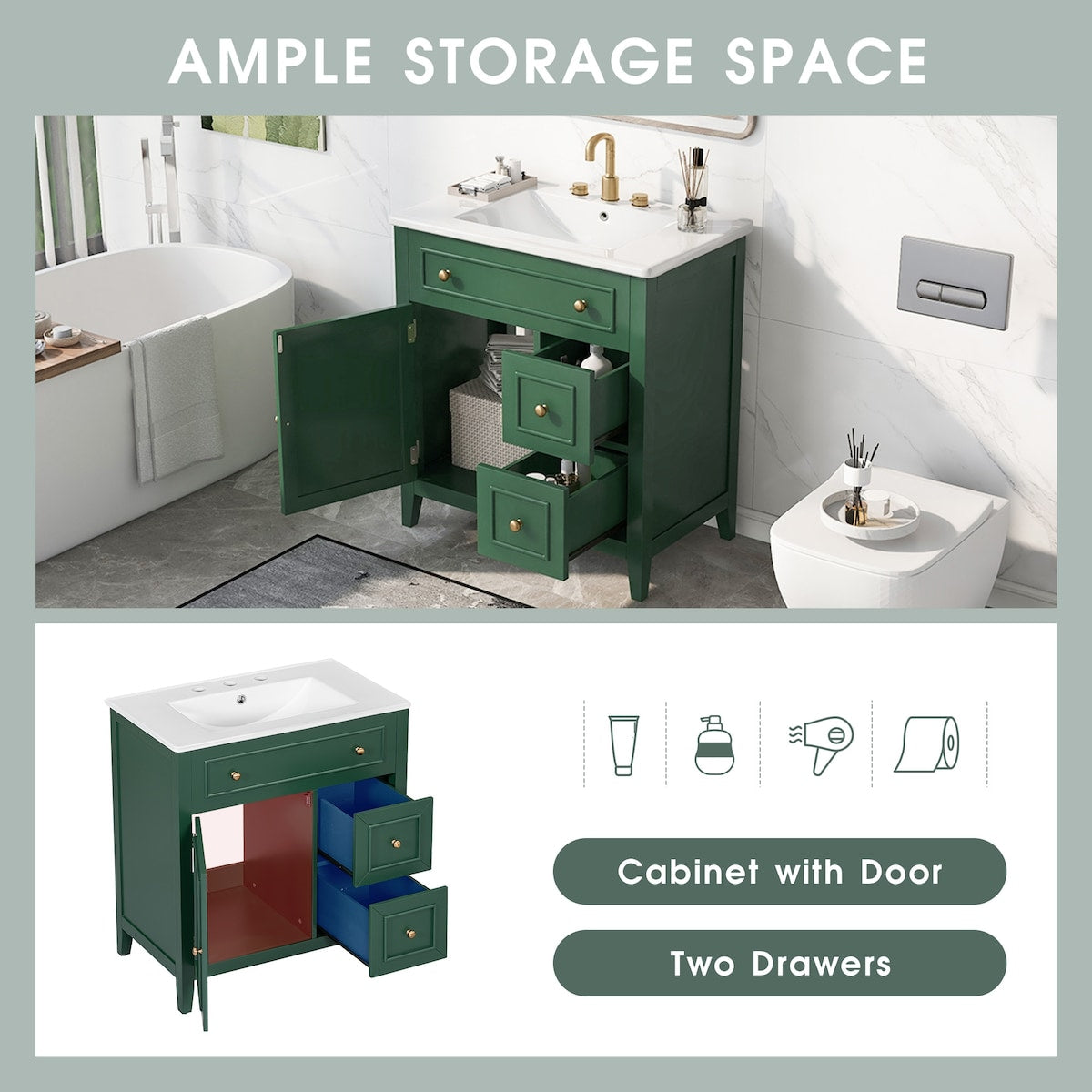 30" Bathroom Vanity with Sink Top, Bathroom Vanity Cabinet with Door and Two Drawers, Solid Wood Frame