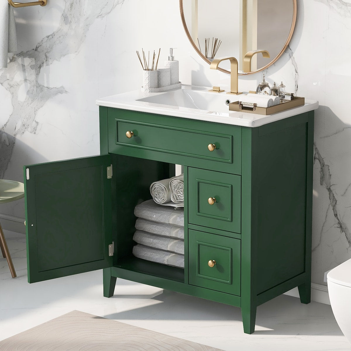 30" Bathroom Vanity with Sink Top, Bathroom Vanity Cabinet with Door and Two Drawers, Solid Wood Frame