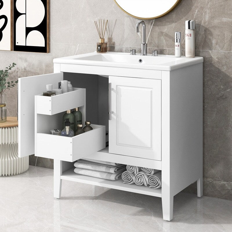 30" Bathroom Vanity with Sink, Doors and Drawers, Solid wood Frame