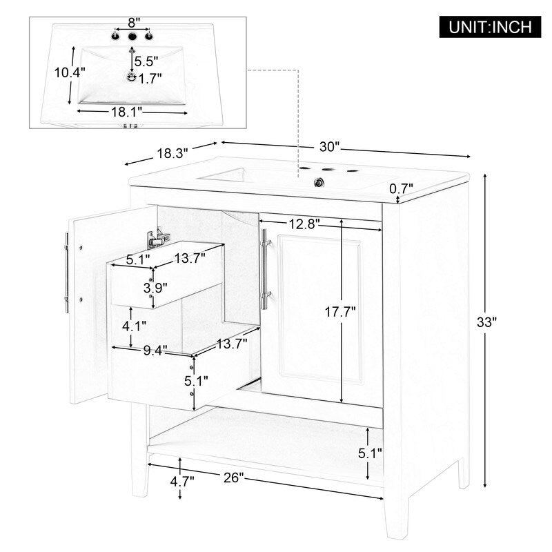 30" Bathroom Vanity with Sink, Doors and Drawers, Solid wood Frame