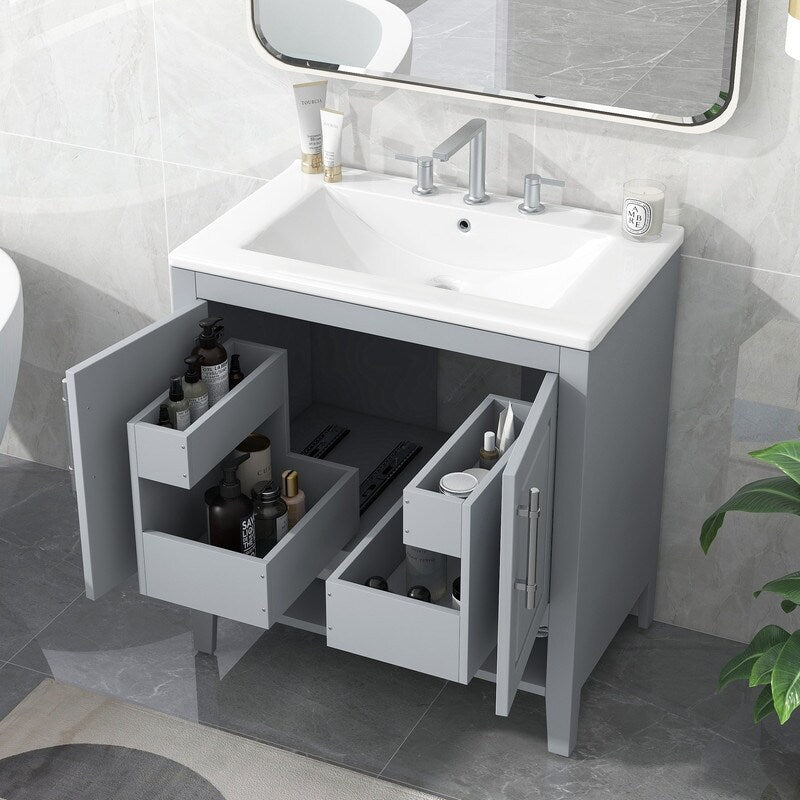 30" Bathroom Vanity with Sink, Doors and Drawers, Solid wood Frame