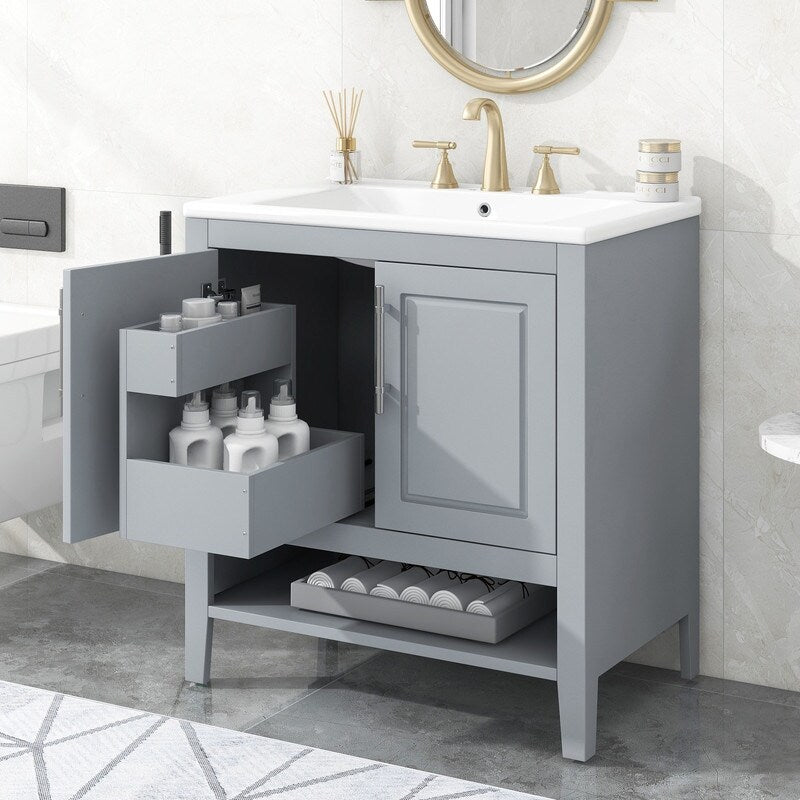 30" Bathroom Vanity with Sink, Doors and Drawers, Solid wood Frame