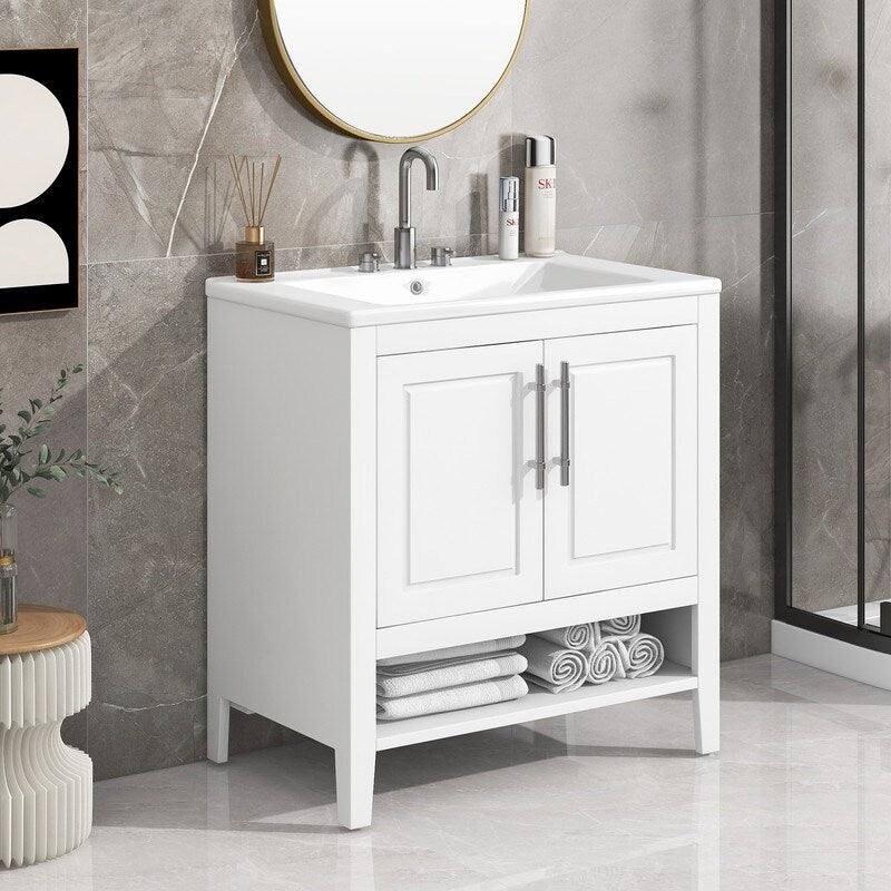 30" Bathroom Vanity with Sink, Doors and Drawers, Solid wood Frame