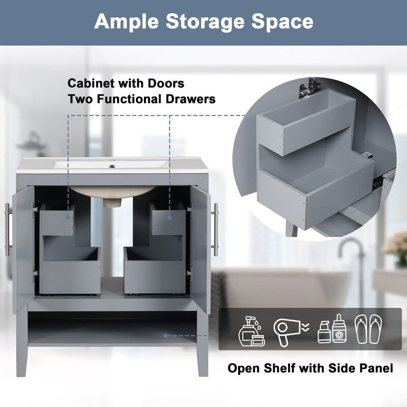 30" Bathroom Vanity with Sink, Doors and Drawers, Solid wood Frame