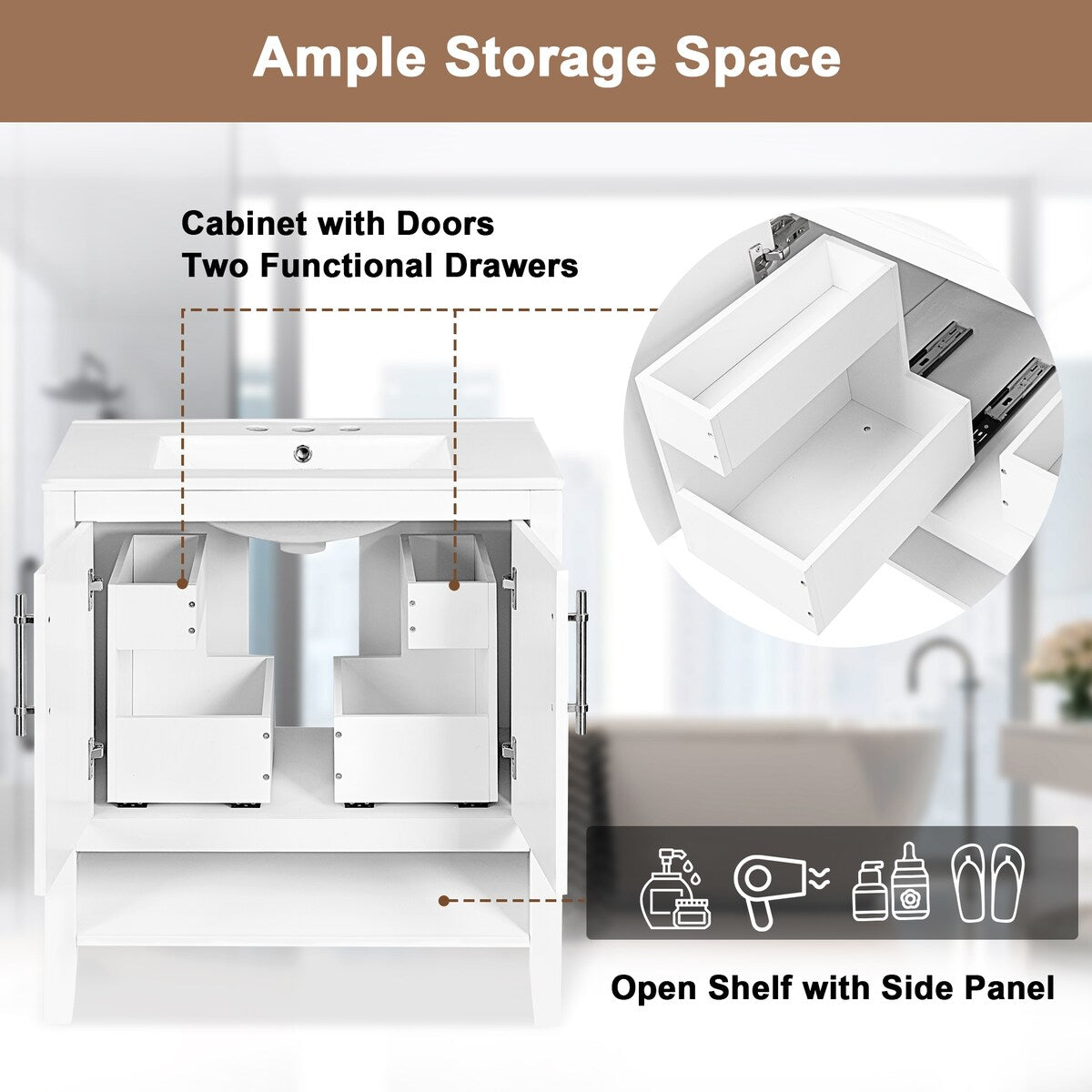 30" Bathroom Vanity with Sink, Multi-functional Bathroom Cabinet with Doors and Drawers