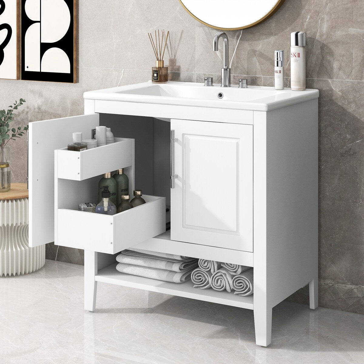 30" Bathroom Vanity with Sink, Multi-functional Bathroom Cabinet with Doors and Drawers