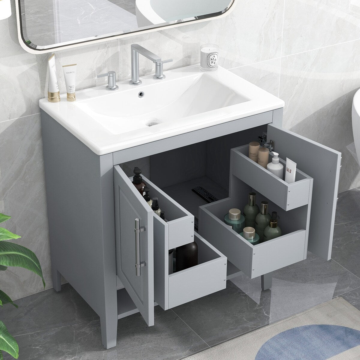 30" Bathroom Vanity with Sink, Multi-functional Bathroom Cabinet with Doors and Drawers