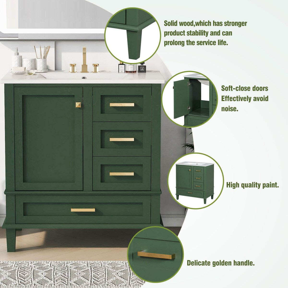 30" Bathroom Vanity with Sink, Soft Closing Door and 3 Drawers