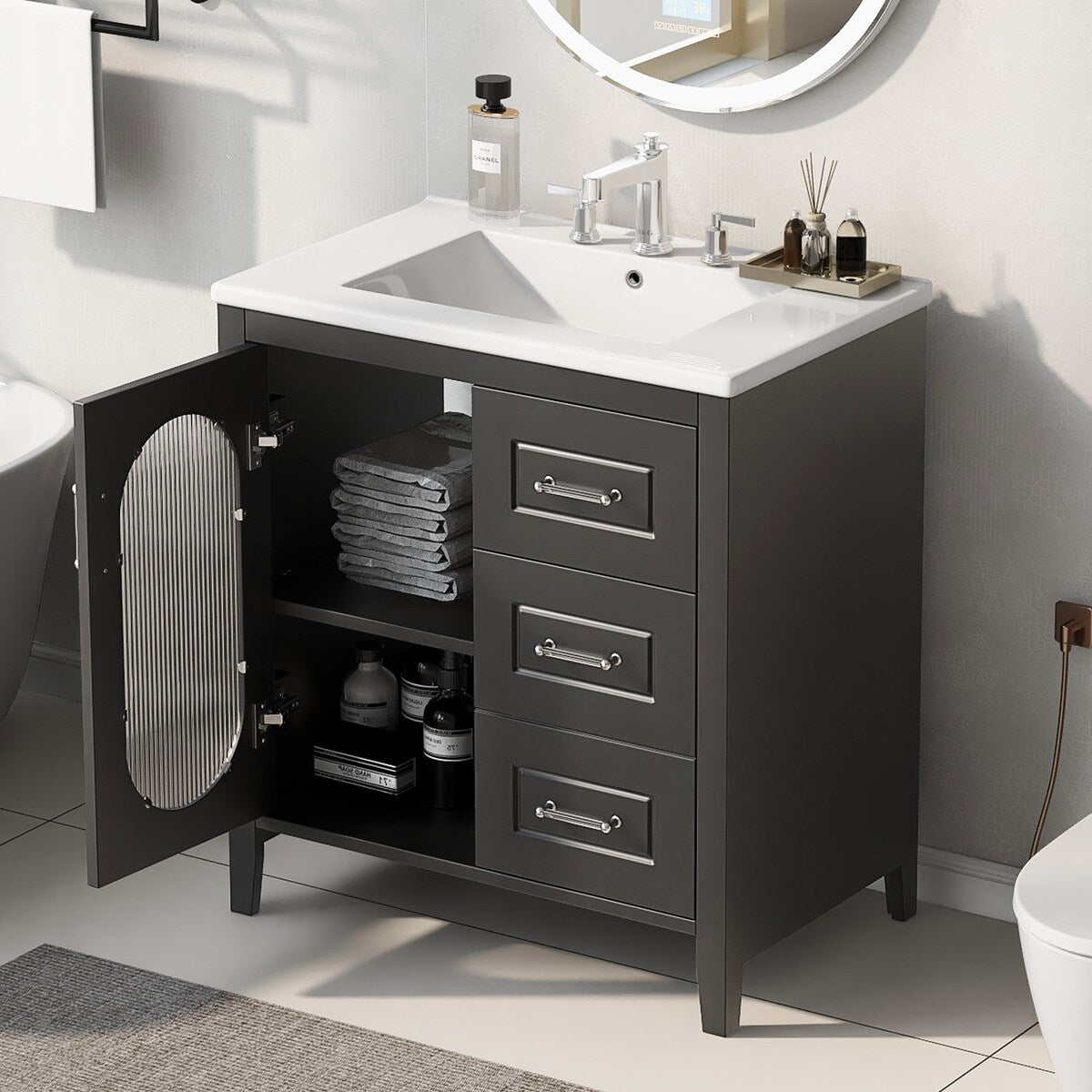 30" Bathroom Vanity with Sink,Bathroom Vanity Cabinet with Two Drawers and Door,Adjustable Shelf,Solid Wood and MDF,Black
