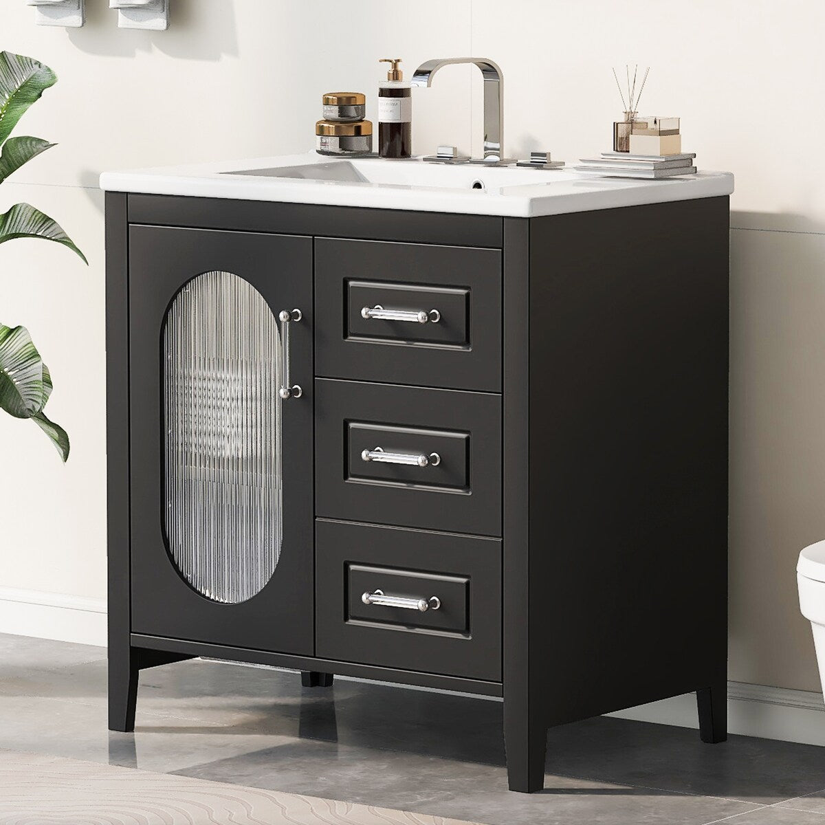 30" Bathroom Vanity with Sink,Bathroom Vanity Cabinet with Two Drawers and Door,Adjustable Shelf,Solid Wood and MDF,Black