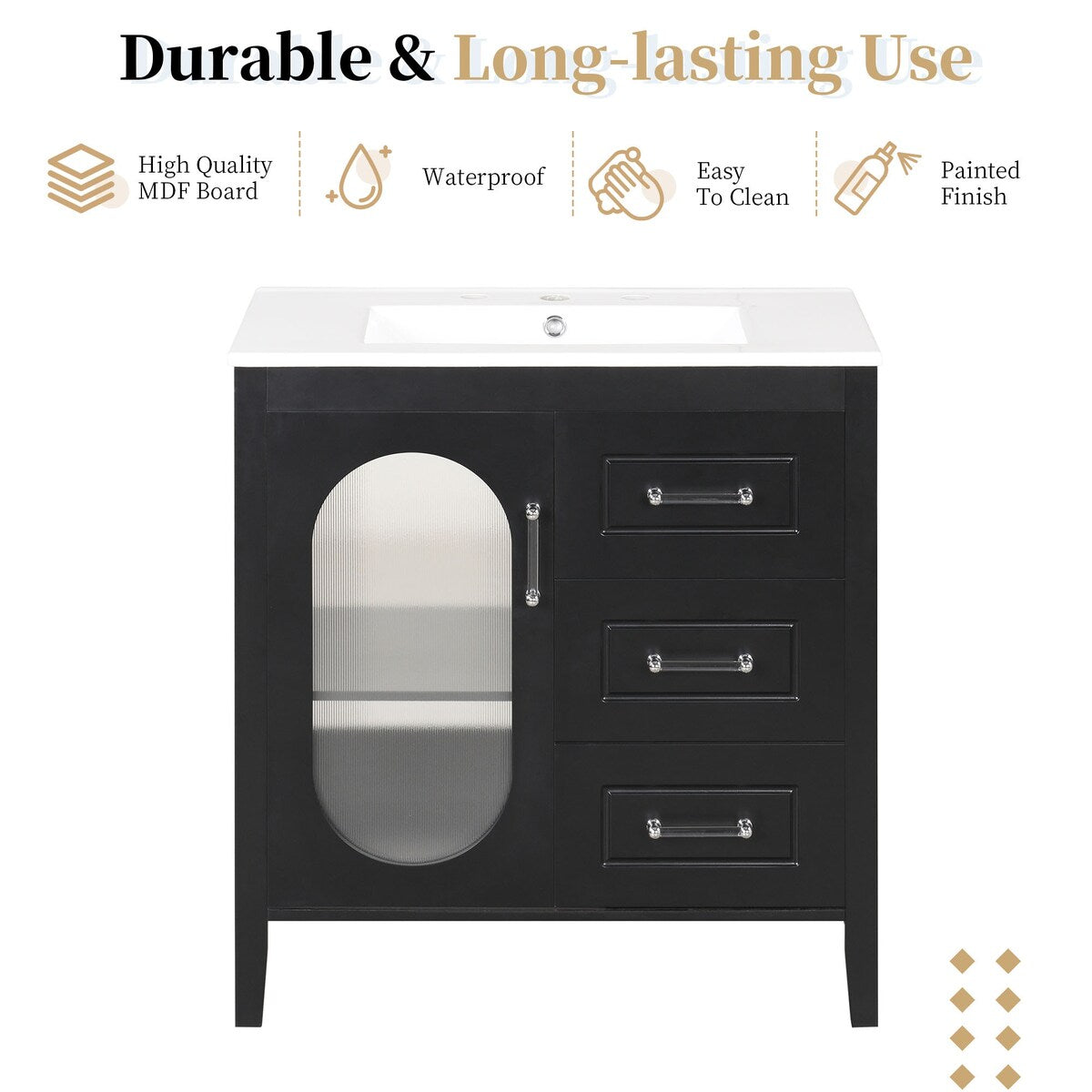 30" Bathroom Vanity with Sink,Bathroom Vanity Cabinet with Two Drawers and Door,Adjustable Shelf,Solid Wood and MDF,Black