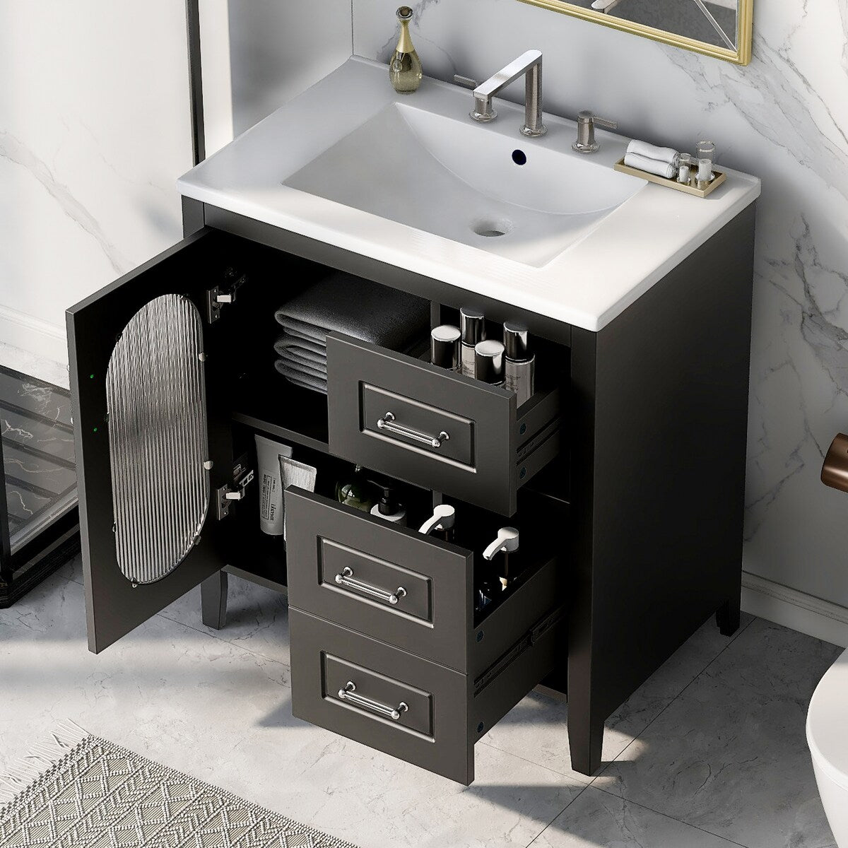 30" Bathroom Vanity with Sink,Bathroom Vanity Cabinet with Two Drawers and Door,Adjustable Shelf,Solid Wood and MDF,Black
