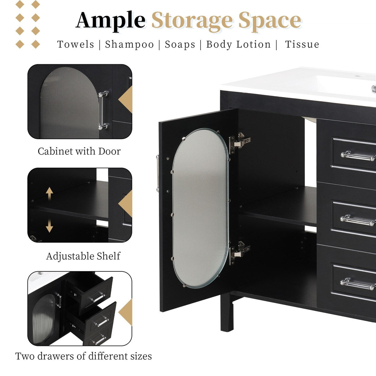 30" Bathroom Vanity with Sink,Bathroom Vanity Cabinet with Two Drawers and Door,Adjustable Shelf,Solid Wood and MDF,Black