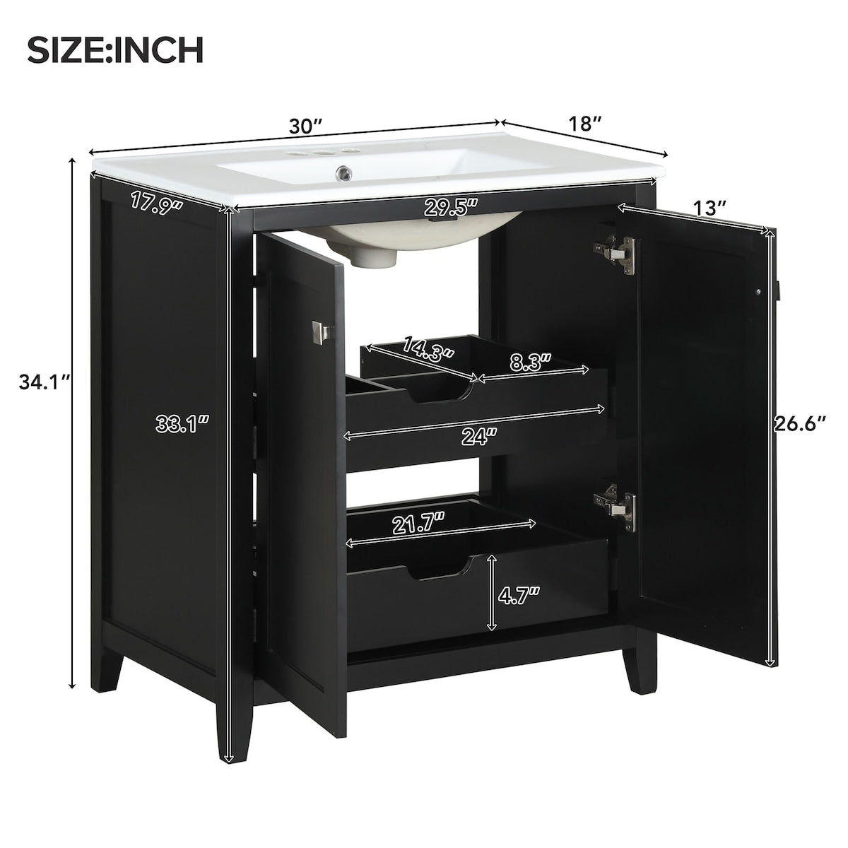 30" Freestanding Bathroom Vanity with Ceramic Sink and 2 Drawers