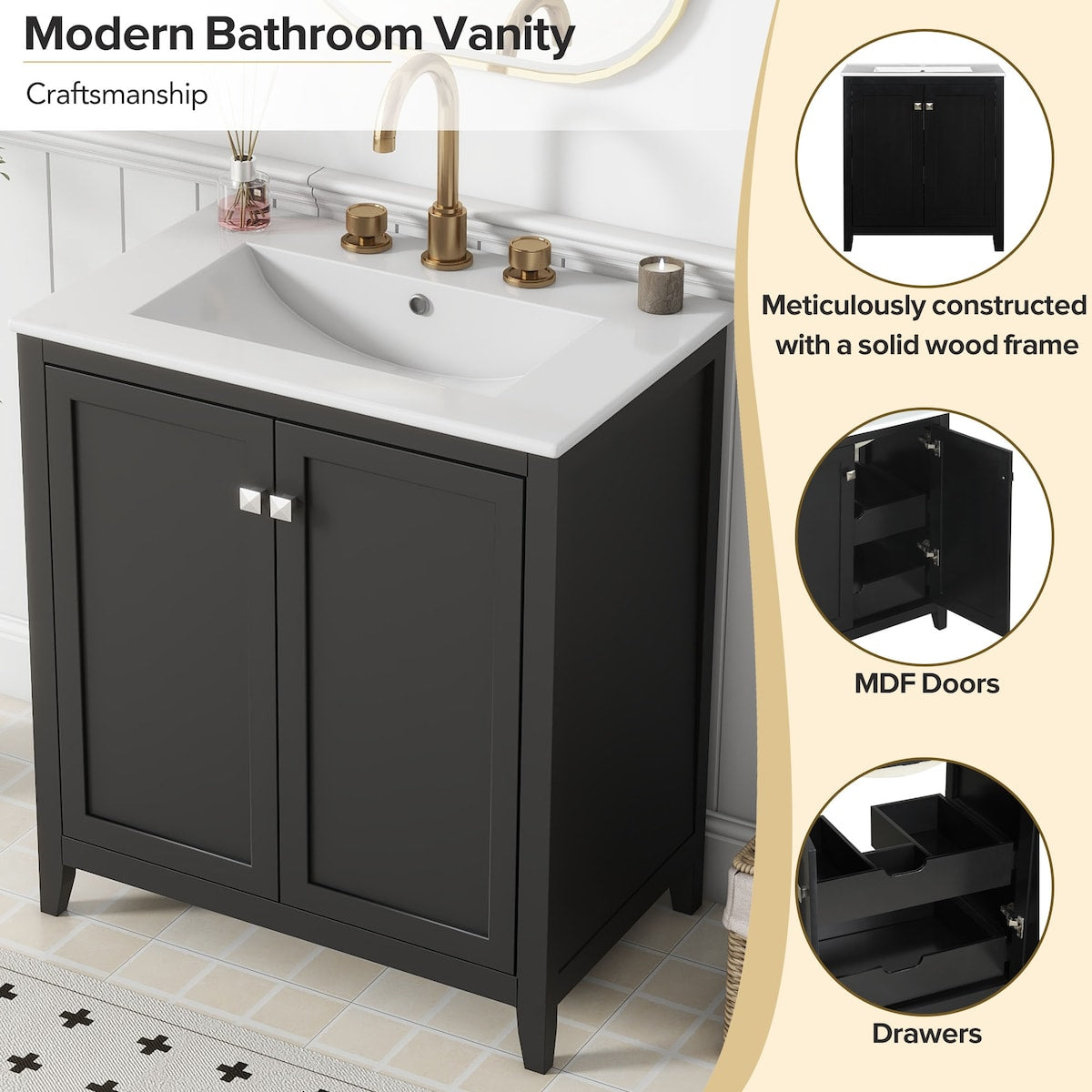 30" Freestanding Bathroom Vanity with Ceramic Sink and 2 Drawers