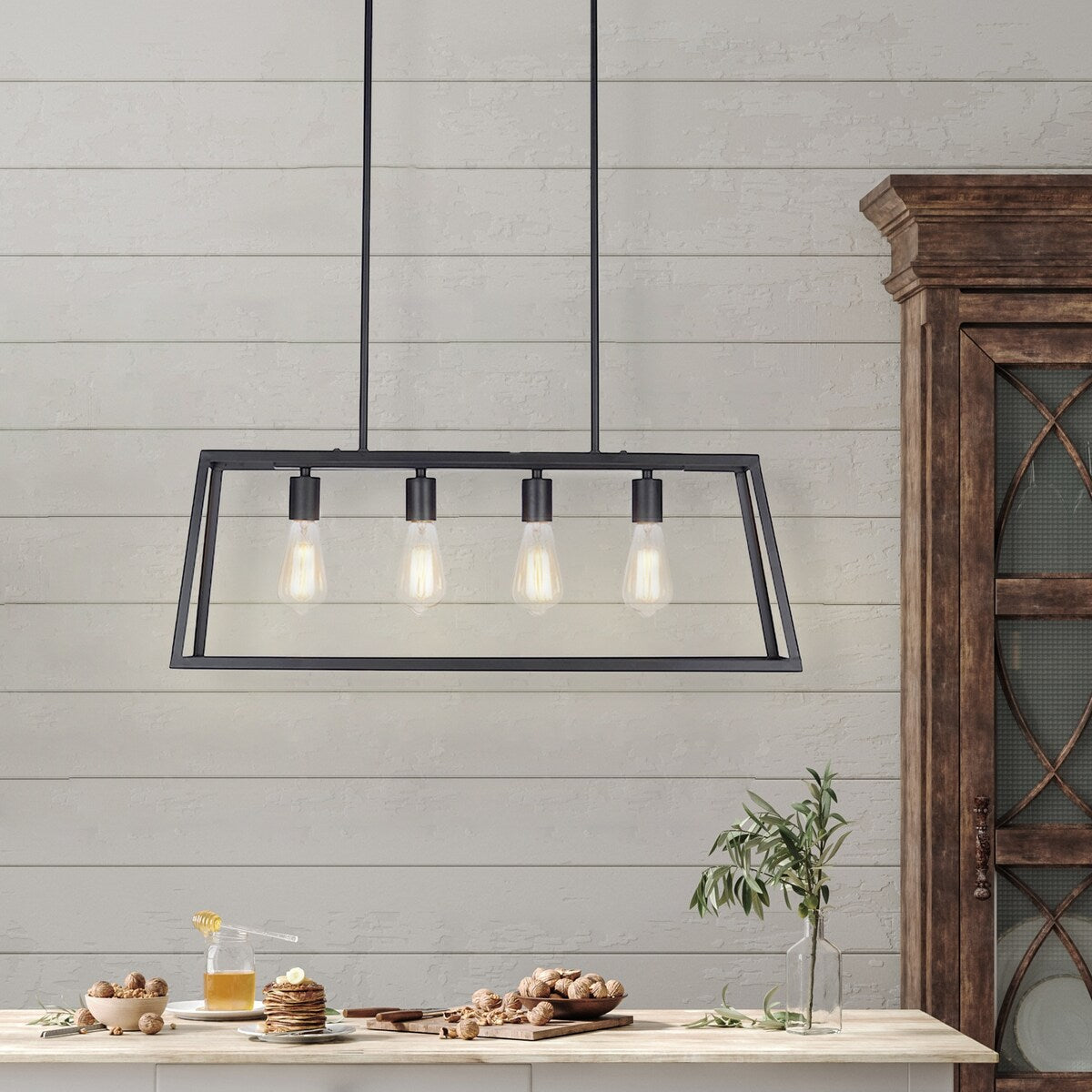 30" Matte Black 4-Light Rectangle Island Chandelier Pendant with Bulb - 10.50x30x54.75