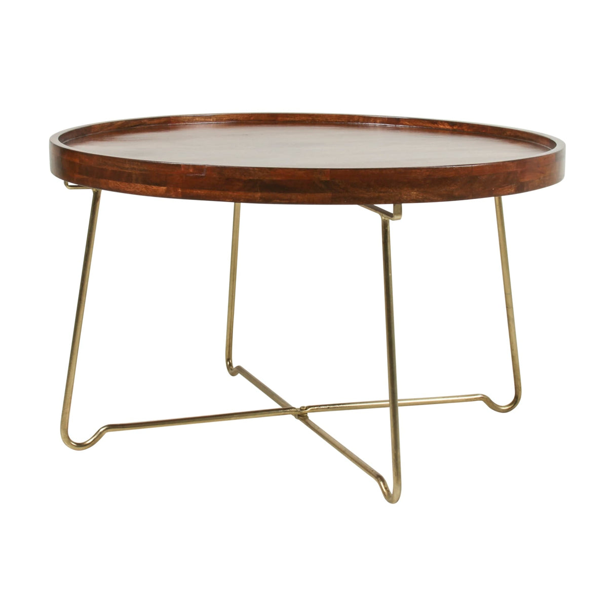 Round Natural Wood And Gold Iron Coffee Table by East at Main