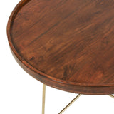 Round Natural Wood And Gold Iron Coffee Table by East at Main