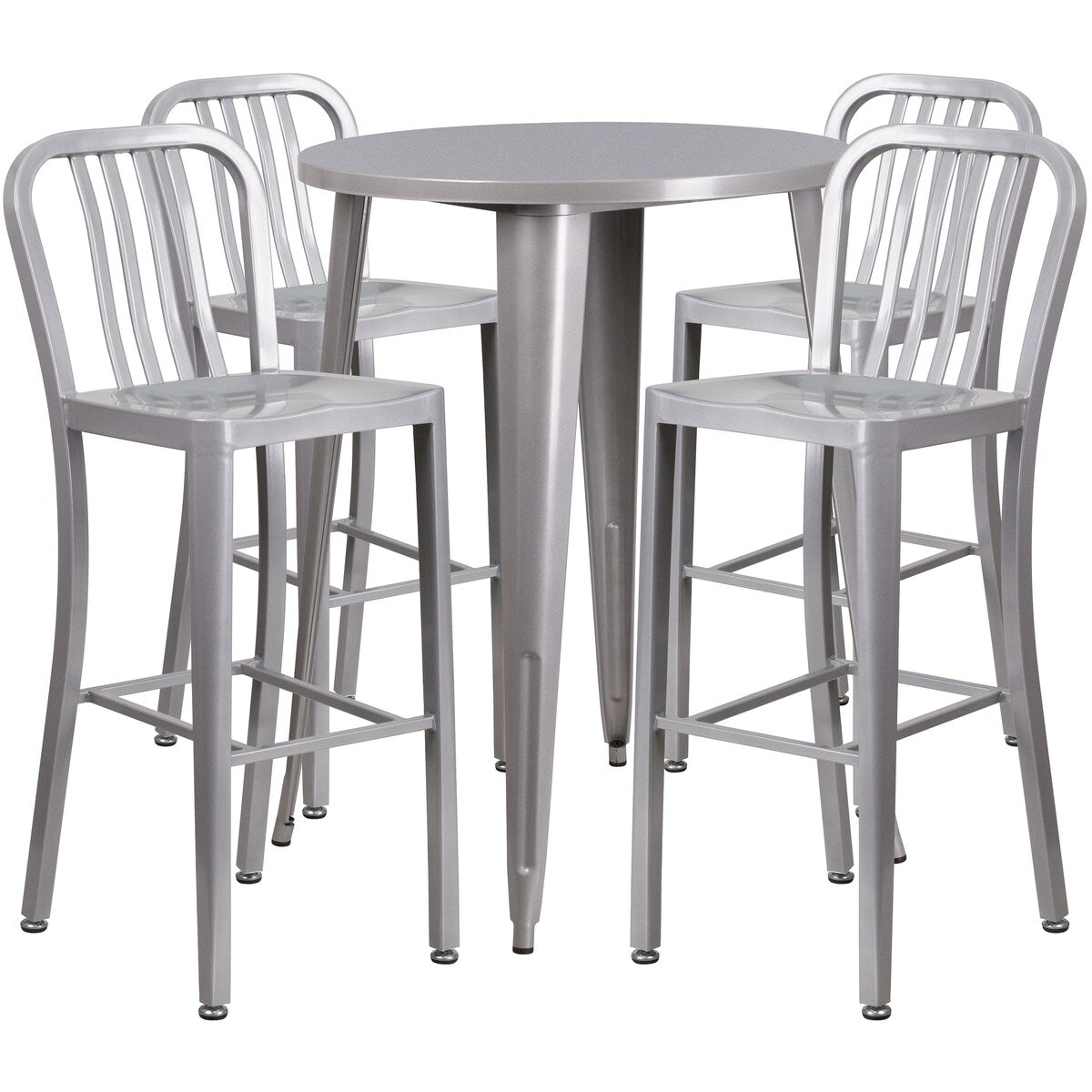 30" Round Metal Indoor-Outdoor Bar Table Set with 4 Vertical Slat Back Stools
