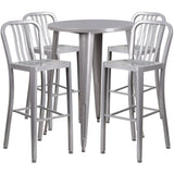 30" Round Metal Indoor-Outdoor Bar Table Set with 4 Vertical Slat Back Stools