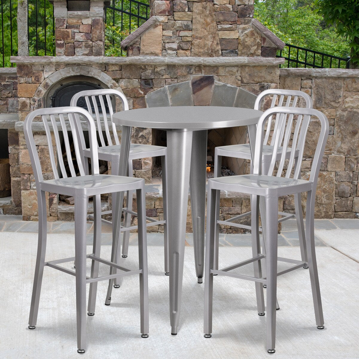 30" Round Metal Indoor-Outdoor Bar Table Set with 4 Vertical Slat Back Stools