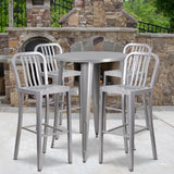 30" Round Metal Indoor-Outdoor Bar Table Set with 4 Vertical Slat Back Stools