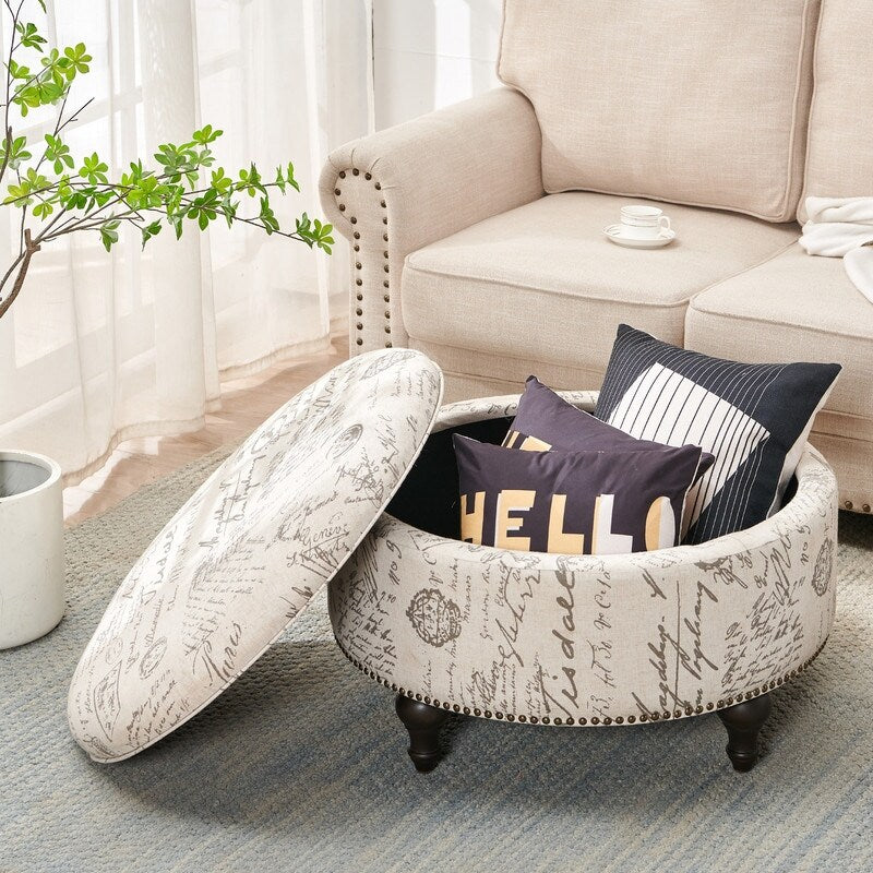 30" Round Storage Ottoman,Linen, Beige