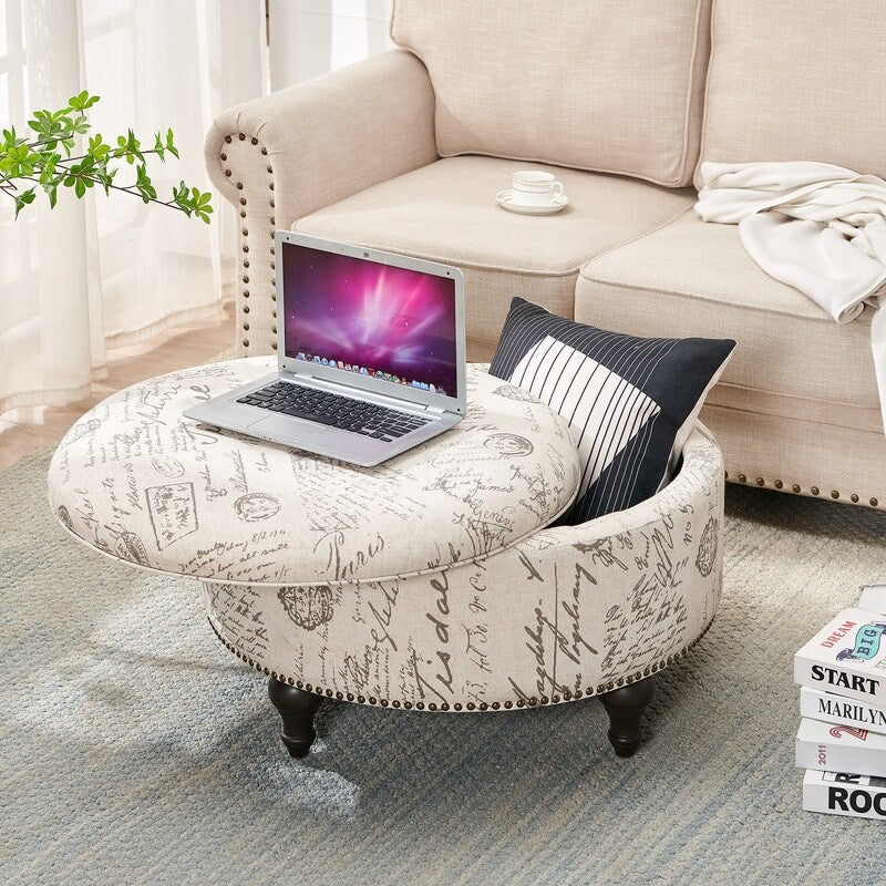 30" Round Storage Ottoman,Linen, Beige