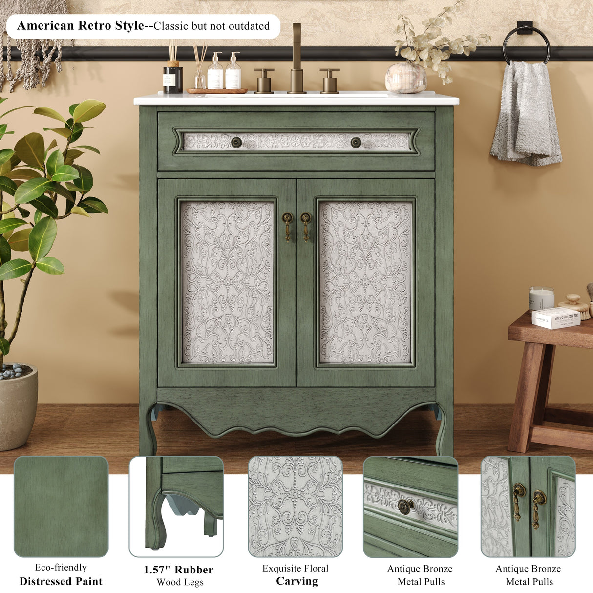 30" Vintage Bathroom Vanity Cabinet with Rectangle Ceramic Sink, Tip-Out Drawer, Antique Handles & Solid Wood Legs