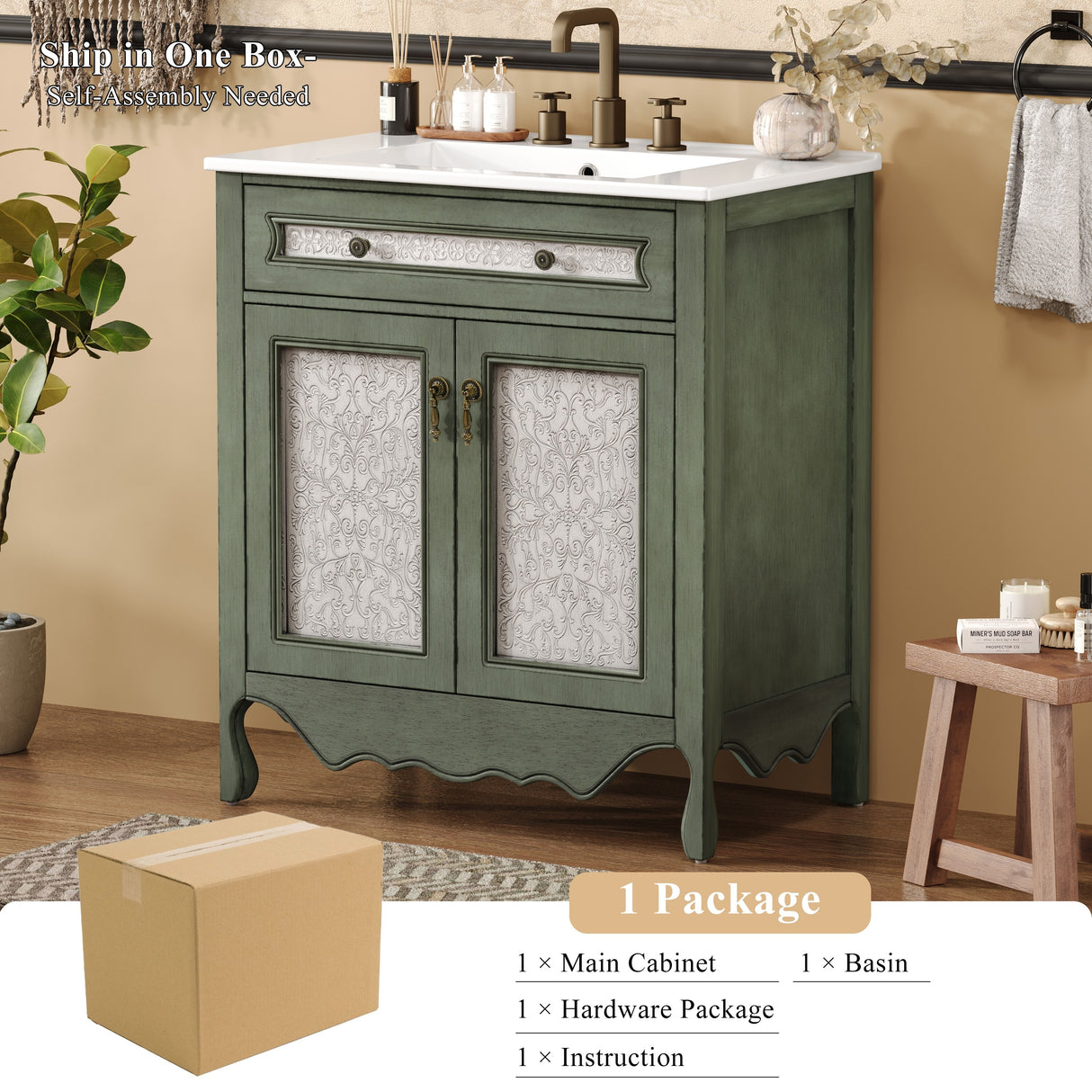 30" Vintage Bathroom Vanity Cabinet with Rectangle Ceramic Sink, Tip-Out Drawer, Antique Handles & Solid Wood Legs