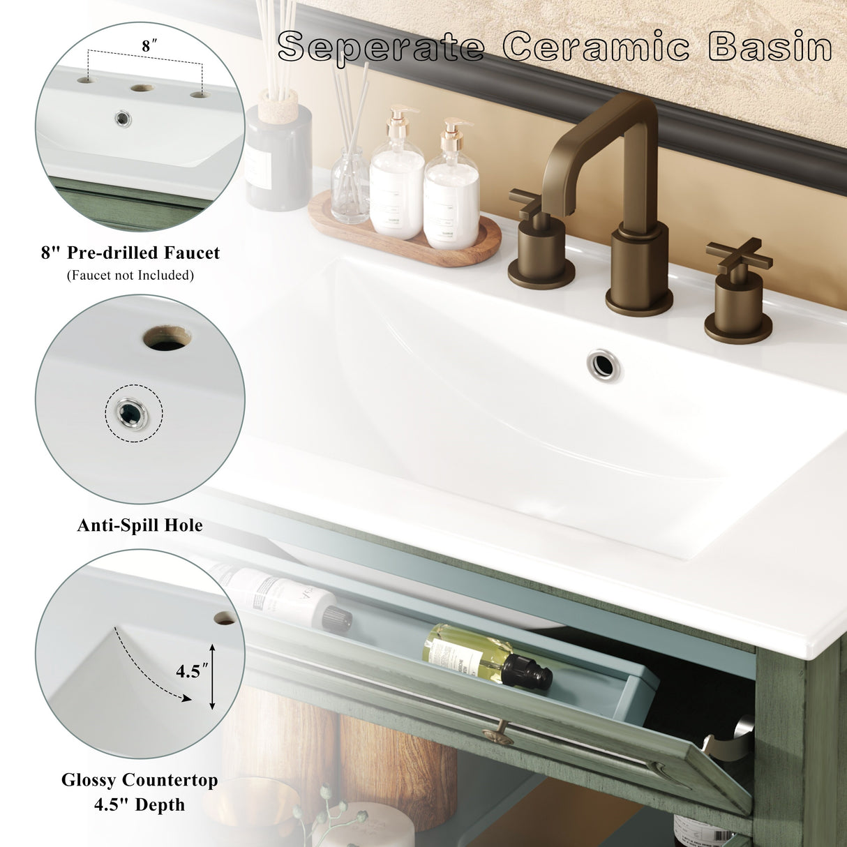 30" Vintage Bathroom Vanity Cabinet with Rectangle Ceramic Sink, Tip-Out Drawer, Antique Handles & Solid Wood Legs