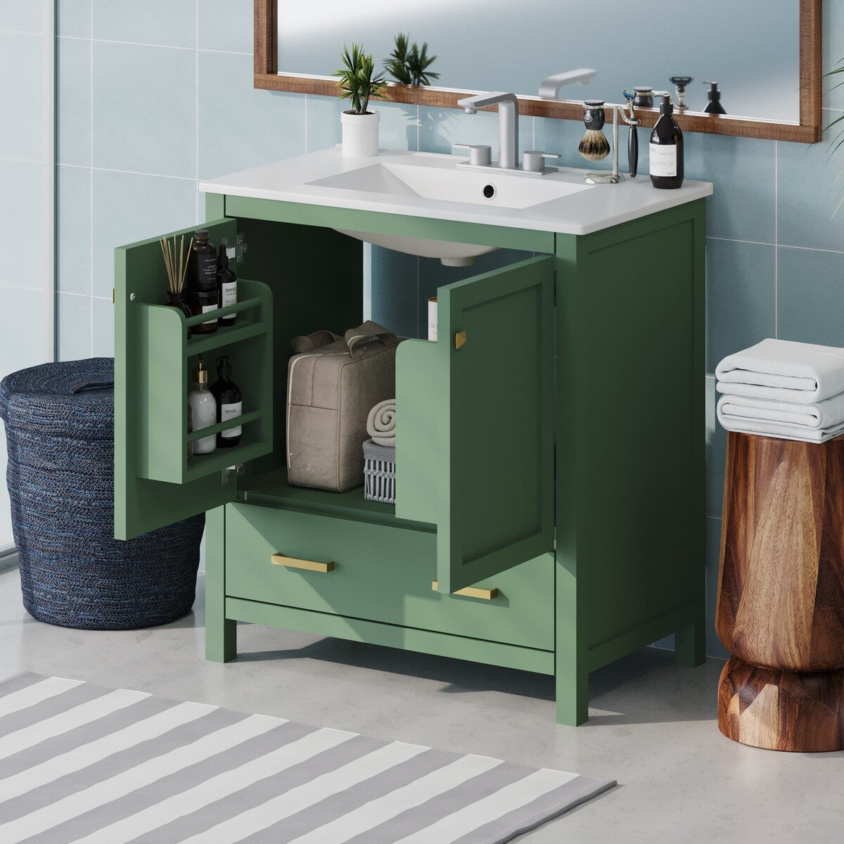 30"Green Bathroom Vanity with Single Sink,Combination Under Counter Sink, Bathroom Storage Cabinet with 2 Doors and a Drawer