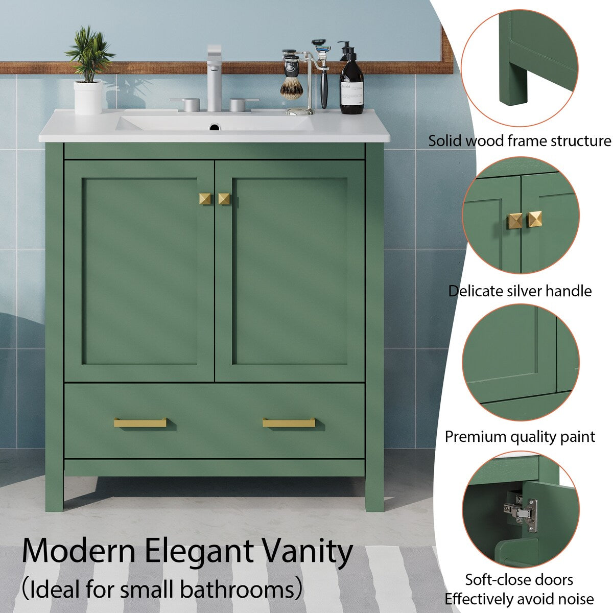 30"Green Bathroom Vanity with Single Sink,Combination Under Counter Sink, Bathroom Storage Cabinet with 2 Doors and a Drawer
