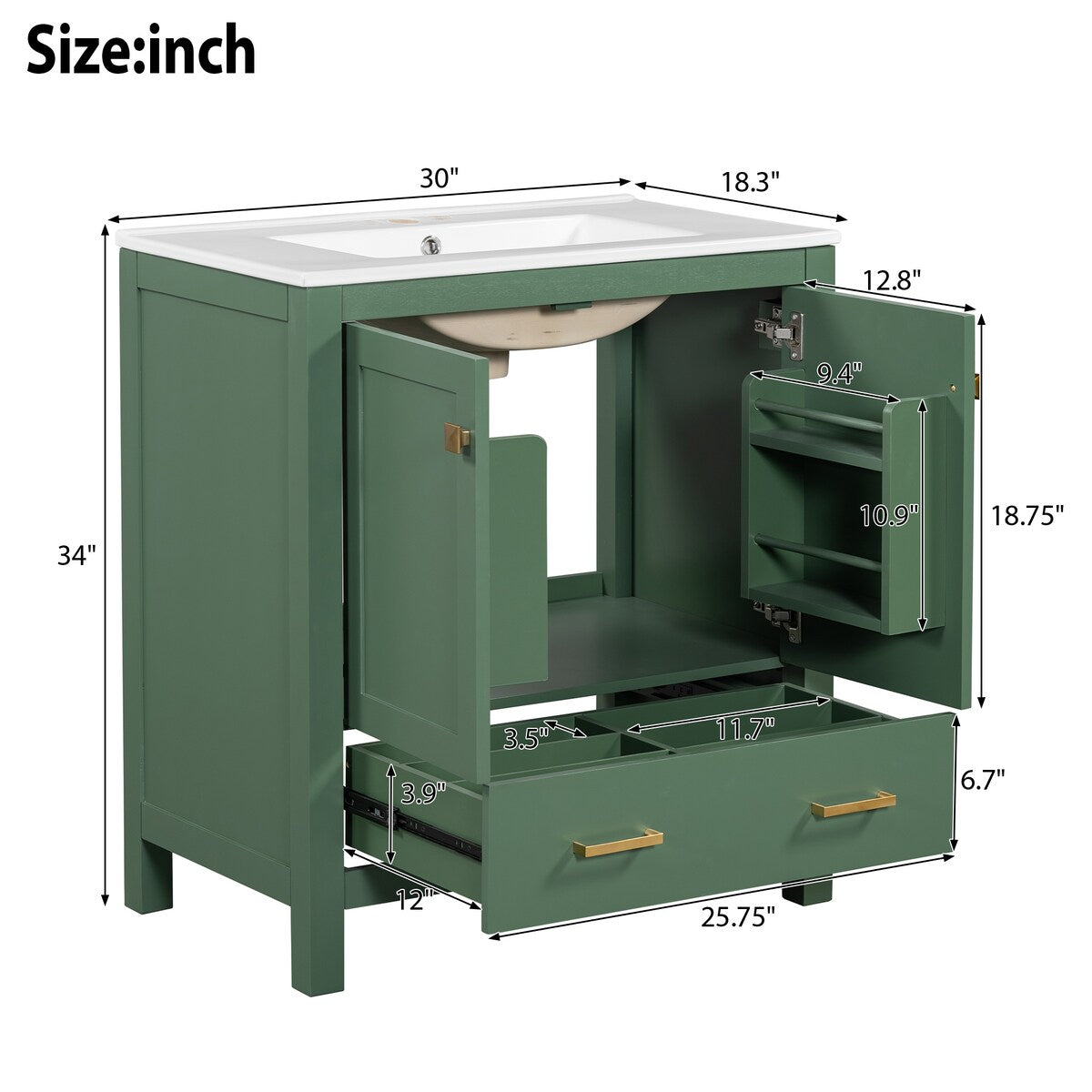30"Green Bathroom Vanity with Single Sink,Combination Under Counter Sink, Bathroom Storage Cabinet with 2 Doors and a Drawer