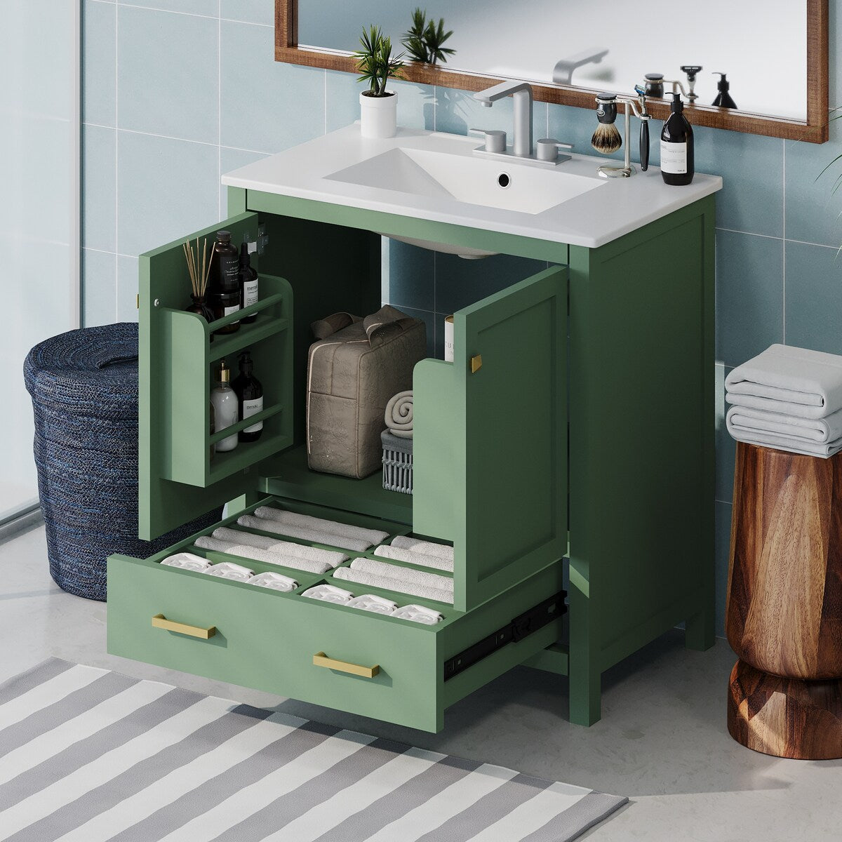 30"Green Bathroom Vanity with Single Sink,Combination Under Counter Sink, Bathroom Storage Cabinet with 2 Doors and a Drawer