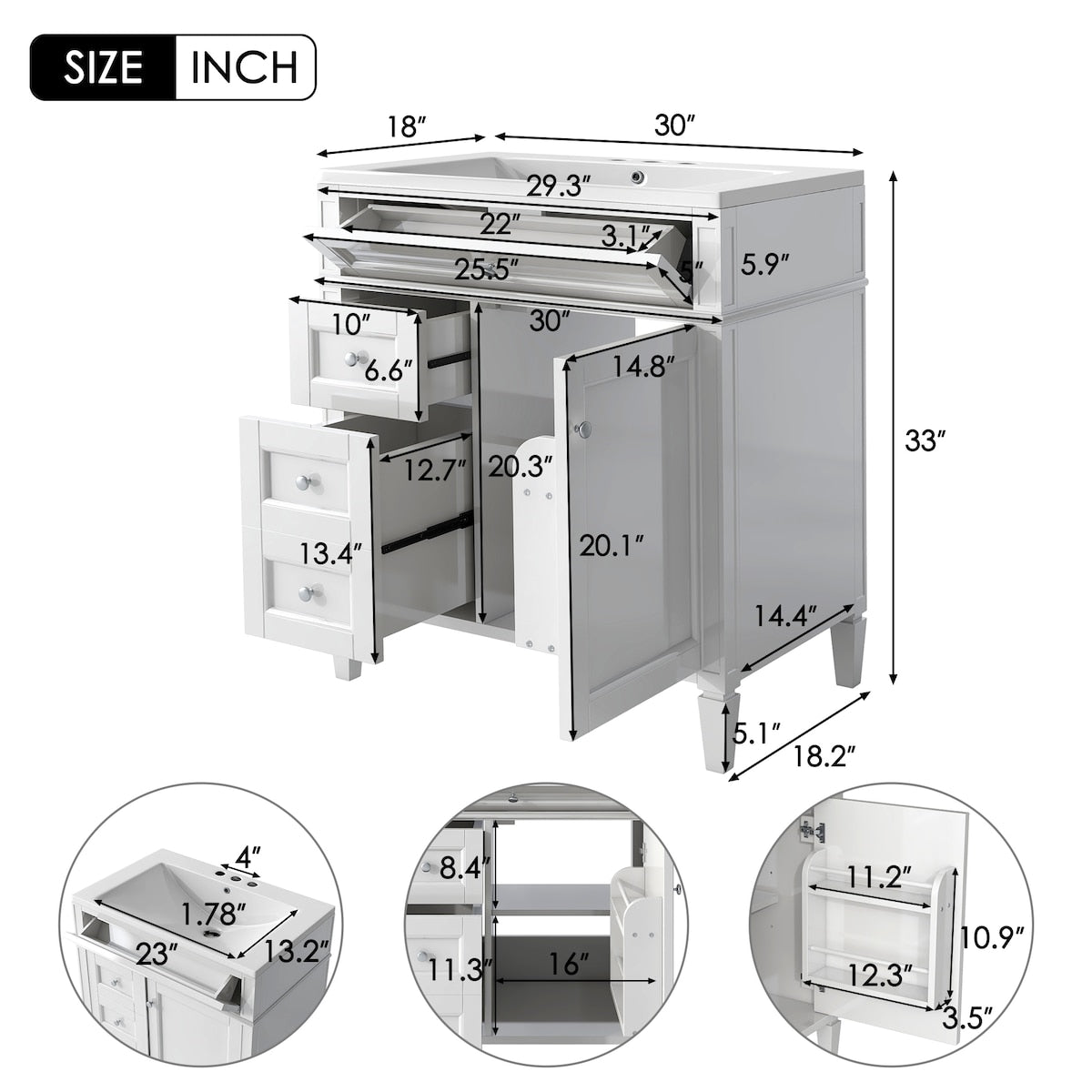 30'' Bathroom Vanity with Top Sink,with 2 Drawers and a Tip-out Drawer