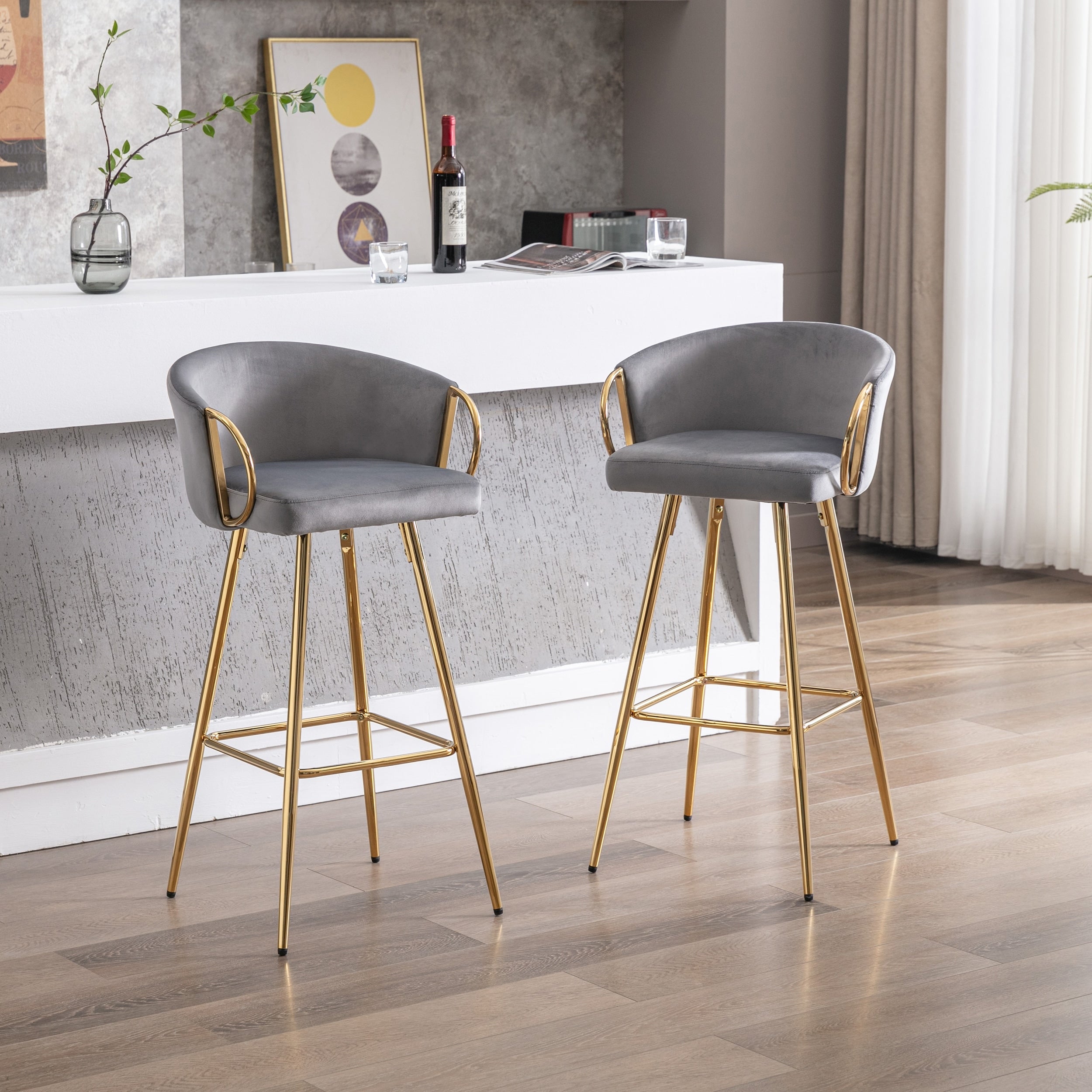 30 Inch 2 Piece Bar Stools Set Gold Arms Simple Back Bar Chair Gray