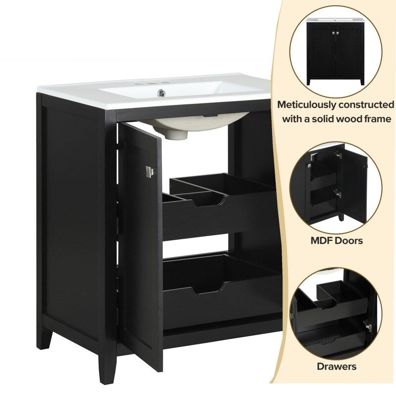 30in Bathroom Vanity Combo with Ceramic Sink Shaker Style Vanities -2 Doors and 2 Drawers - black