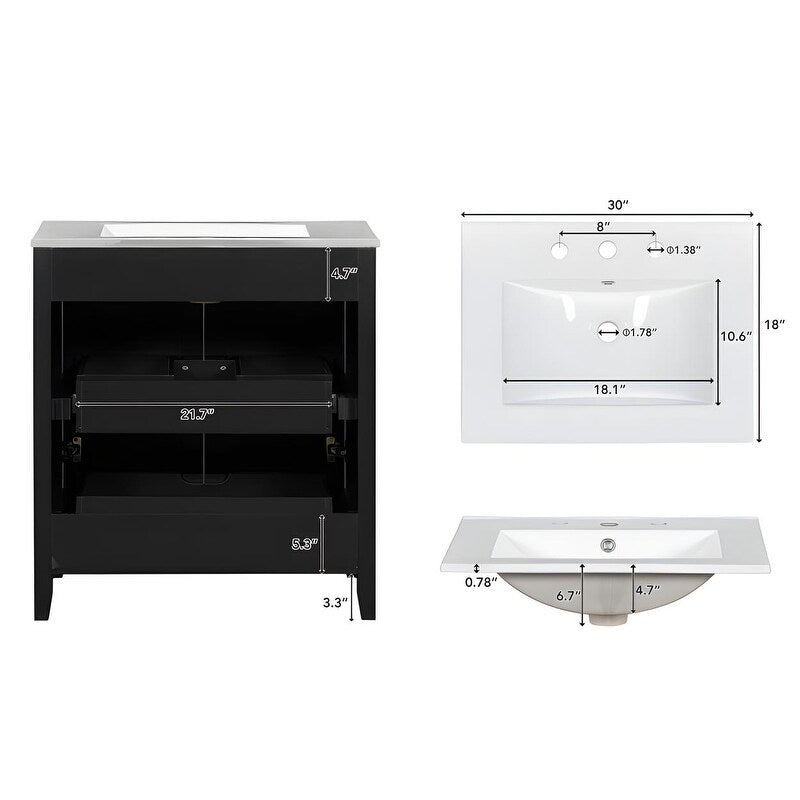 30in Bathroom Vanity Combo with Ceramic Sink Shaker Style Vanities -2 Doors and 2 Drawers - black