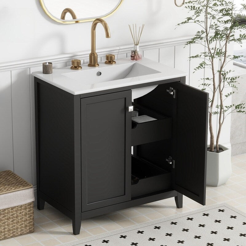 30in Bathroom Vanity Combo with Ceramic Sink Shaker Style Vanities -2 Doors and 2 Drawers - black