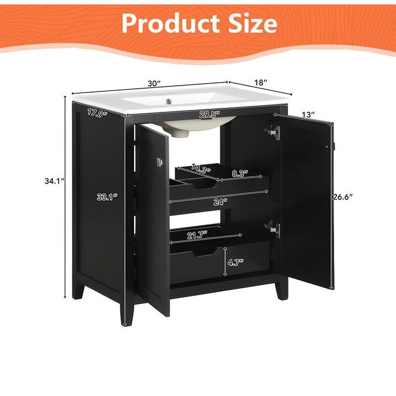 30in Bathroom Vanity Combo with Ceramic Sink Shaker Style Vanities -2 Doors and 2 Drawers - black